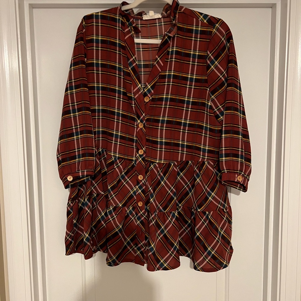 Rust color plaid top with green, gold and cream. Purchased from Three Bird Nest